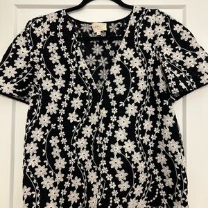 Sezane Black Top with White Floral Embroidery